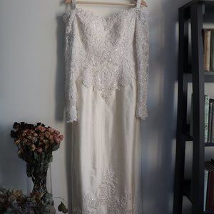 Beaded Ivory Sheath Silk Wedding Gown with Train